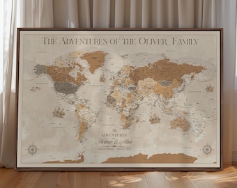 Custom Push Pin World Map Canvas Print, Travel Tracker Map