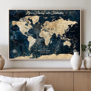 Custom Push Pin World Map Canvas, Travel Tracker Wall Art