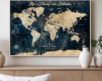Custom Push Pin World Map Canvas, Travel Tracker Wall Art