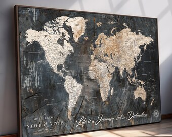 Wood Textured World Map Canvas Art, Custom Travel Tracker, Push Pin Map