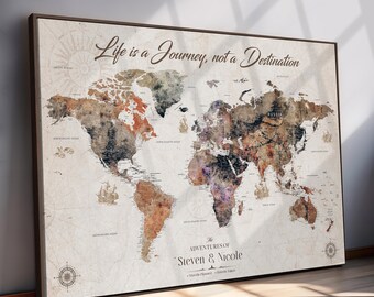 Custom World Map Canvas Print, Push Pin Travel Tracker, Framed Wall Art