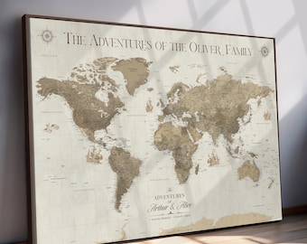Custom Antique Style World Map Canvas Print, Travel Tracker