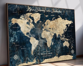 Custom Push Pin World Map Canvas, Black Travel Tracker Art, Framed