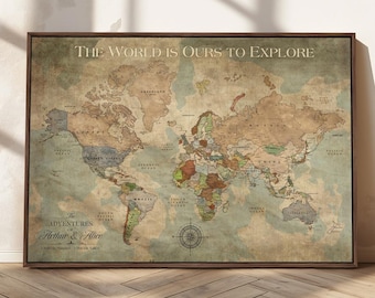 Custom World Travel Tracker Map, Vintage Style Canvas Print