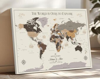 Custom World Map Canvas Print, Personalized Travel Tracker