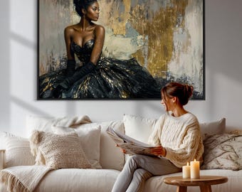 Melanin Queen Wall Art Canvas, Black Woman Fashion Print, Teal and Gold Abstract