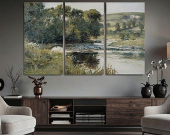 Riverside Landscape Canvas Wall Art, Minimalist Forest Print, Modern Decor