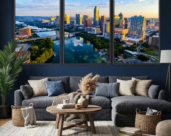 XLarge Aerial Austin Skyline Wall Art - Austin Sunset Canvas Print - Modern Cityscape