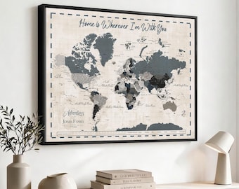 Custom Push Pin World Map Canvas | Personalized Travel Tracker | Wedding Anniversary Gift for Couples | Adventure Map Wall Art with Pins