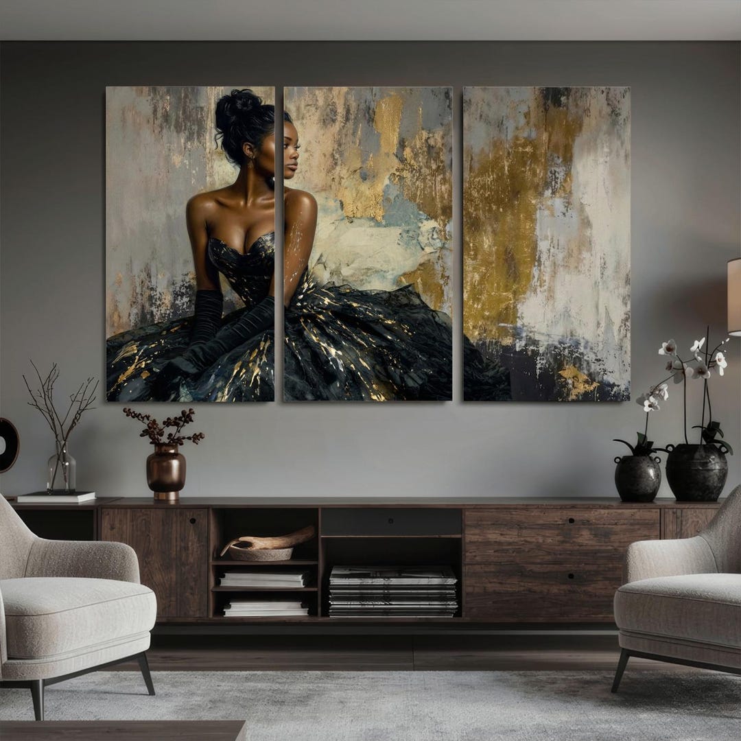Elegant African American Woman Canvas Art, Black Gown Fashion Wall Art ...