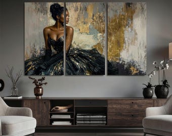 Elegant African American Woman Canvas Art, Black Gown Fashion Wall Art Print for Home Decor