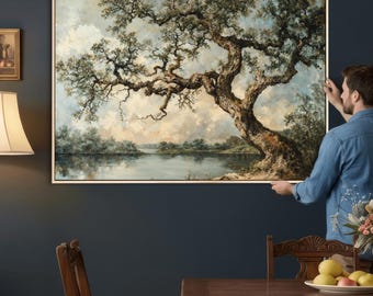 Old Oak Tree Canvas Wall Art, Vintage Landscape Painting, Modern Scandinavian Decor