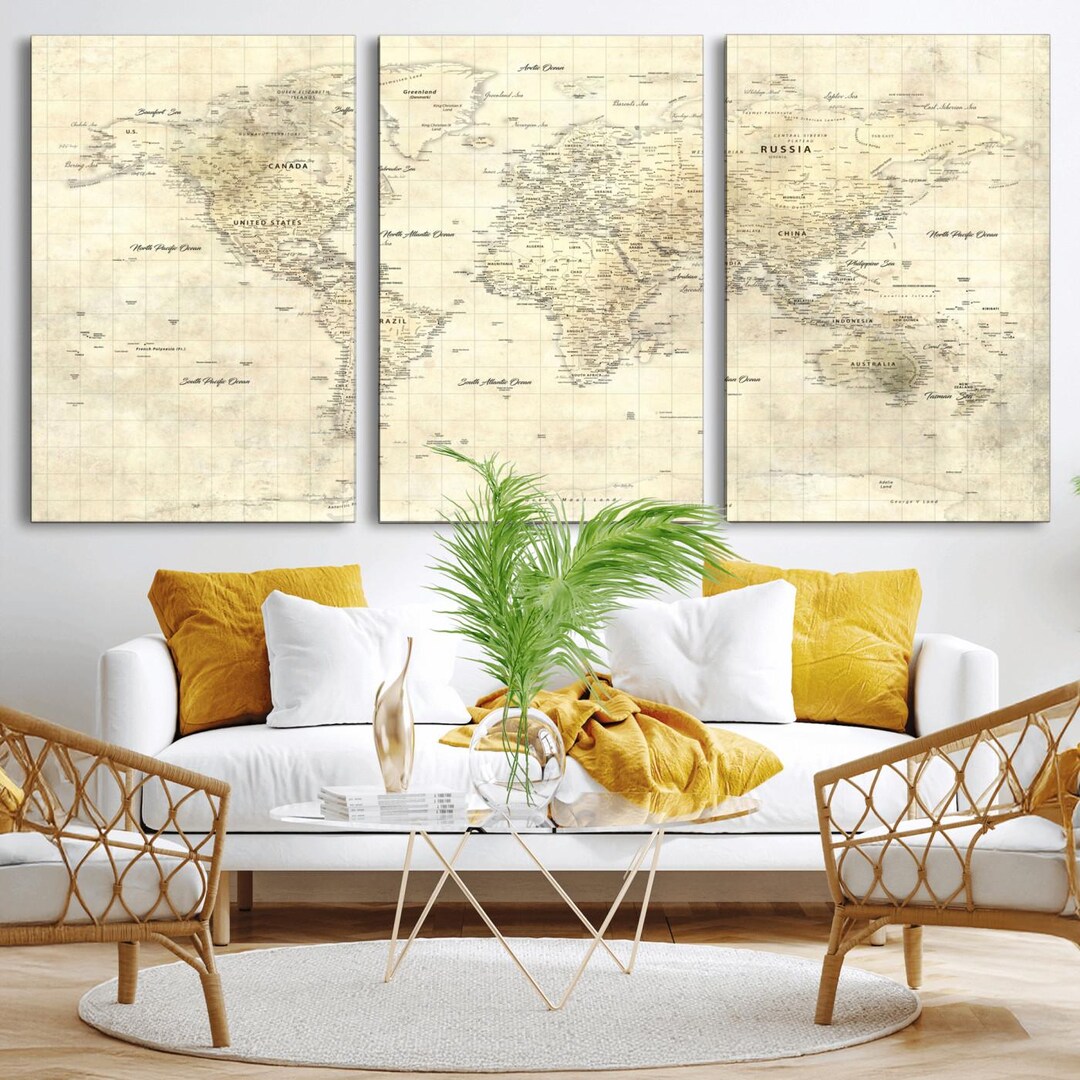Classic World Map Push Pin Canvas Print, Detailed Travel Map Wall Art ...