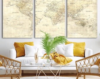 Classic World Map Push Pin Canvas Print, Detailed Travel Map Wall Art, 3 Panel Map Print
