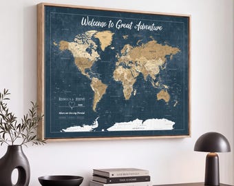 Blue Custom Push Pin Travel Map Canvas Print, Cream Personalized Travel Tracker Map, Anniversary Gift, Vintage World Map Wall Art