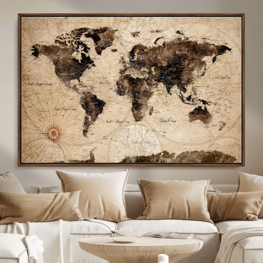 Vintage World Map Push Pin Canvas, Travel Tracker Map Print, Extra ...