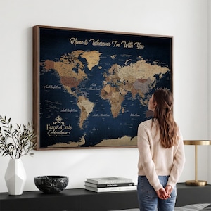 Navy Push Pin World Map Canvas Print, Personalized Travel Map with Pins, Vintage Custom World Map, Anniversary Gift