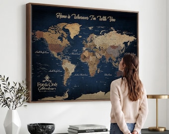 Navy Push Pin World Map Canvas Print, Personalized Travel Map with Pins, Vintage Custom World Map, Anniversary Gift