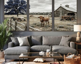 Old Western Farm Canvas Wall Art, Longhorn Cattle Print, Ready to Hang