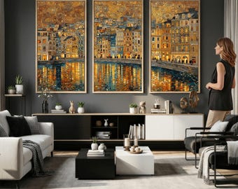 Gustav Klimt Golden Cityscape Wall Art Canvas Print, Framed Architecture Wall Decor