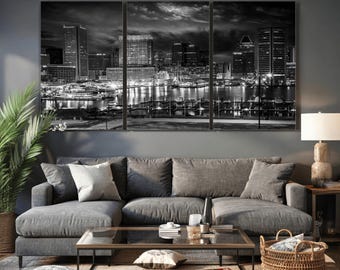 XLarge Black & White Baltimore Skyline Wall Art - 3 Piece Cityscape Canvas Print