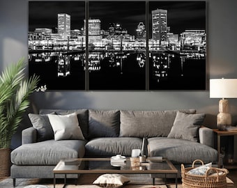 Extra Large Baltimore Night Skyline Wall Art - Black and White Cityscape Canvas Print