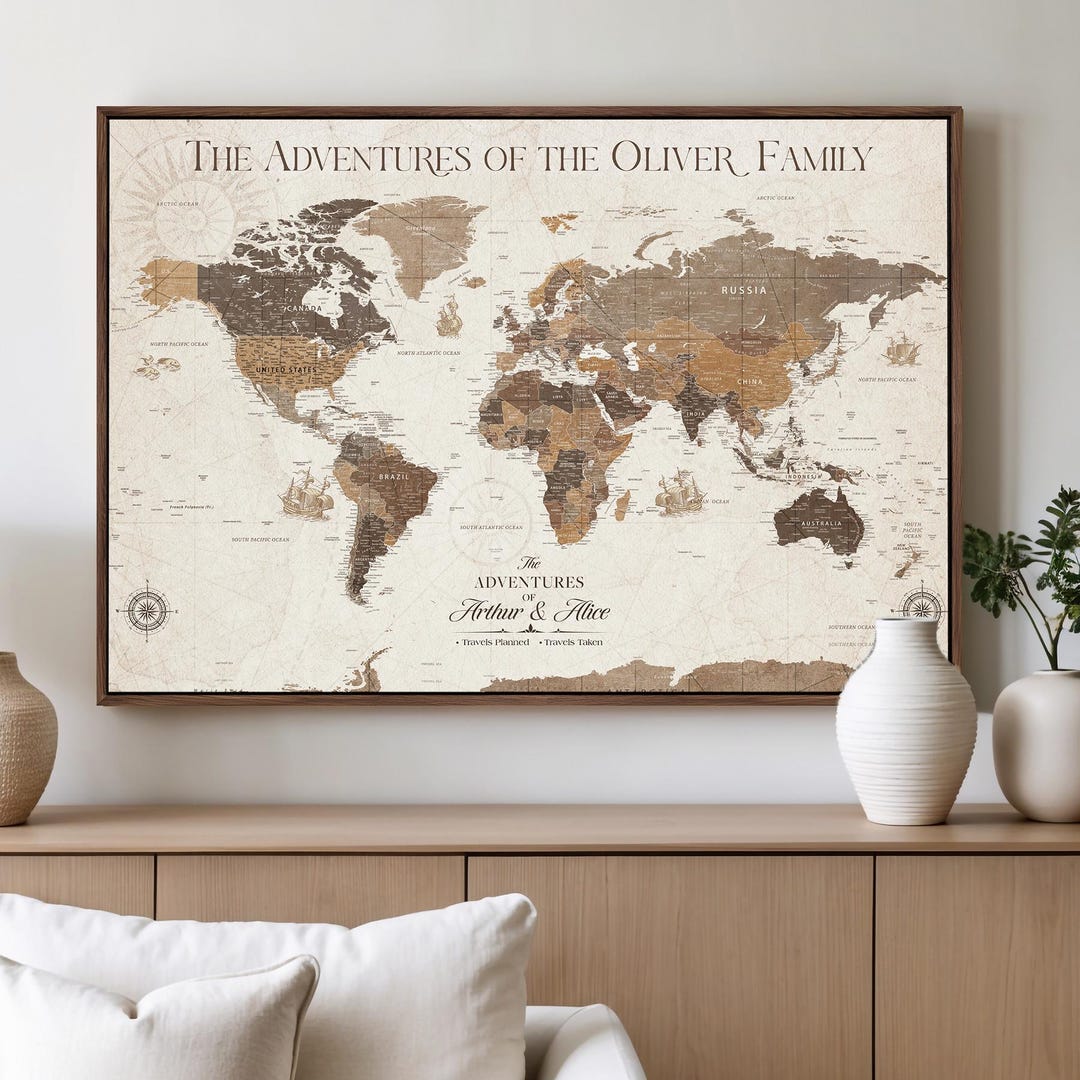Push Pin World Map Canvas Print, Personalized Family Travel Tracker - Etsy