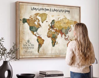 Vintage Push Pin World Map Canvas Print, Olive Green and Rust Travel Tracker with Pins, Personalized Anniversary Gift for Couples
