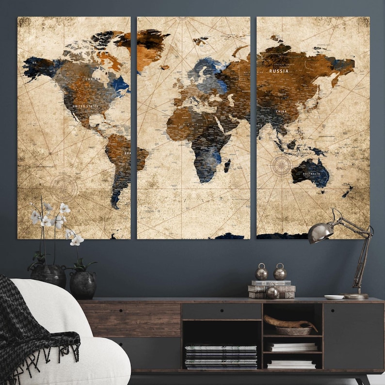 Vintage Push Pin World Map Canvas Print, Detailed Travel Tracker Map ...