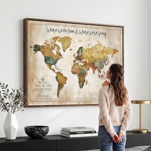 Custom Push Pin World Map Canvas Print, Personalized Travel Tracker Map, Anniversary Gift for Couples, Vintage World Map Wall Art, Pin Board