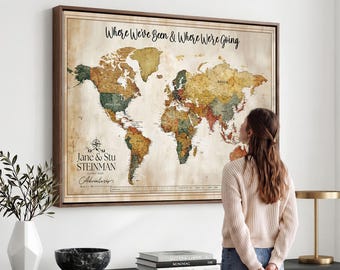 Custom Push Pin World Map Canvas Print, Personalized Travel Tracker Map, Anniversary Gift for Couples, Vintage World Map Wall Art, Pin Board