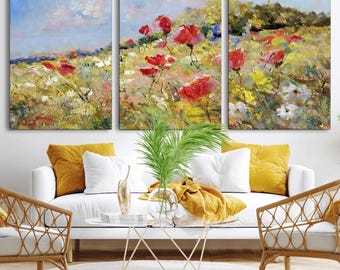 Red Flowers and Meadows Canvas Wall Art, Colorful Floral Print, Earthy Home Decor