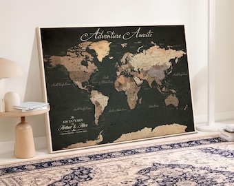 Push Pin World Travel Map Canvas, Personalized Family Wall Art