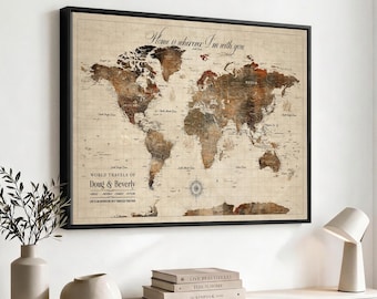 Framed Brown Push Pin Travel Map with Pins, Custom World Map Canvas Print, Personalized Travel Tracker, Anniversary Gift