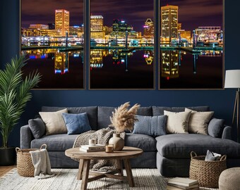 Baltimore Night Skyline Wall Art Canvas Print - Modern Cityscape, Extra Large Wall Decor
