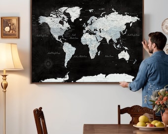 Black and White World Map Push Pin, Detailed Adventure World Map Wall Art, Framed & Printed