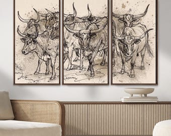 Abstract Drawing of Longhorn Cow Canvas, Minimalist Line Wall Art Print for Modern Decoration