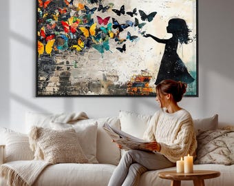 Butterfly Girl - Large Canvas Print, Contemporary Office Wall Decor,  Reading Nook Decor