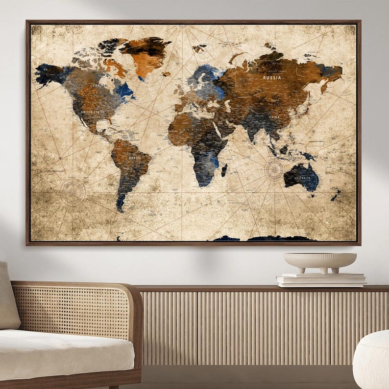 Pin Classical Map Vintage Push Pin World Map Canvas Print, Detailed Travel Tracker Map ...