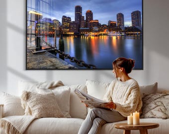 Boston Cityscape Canvas Wall Art – Night Skyline Print, Home Office Gift