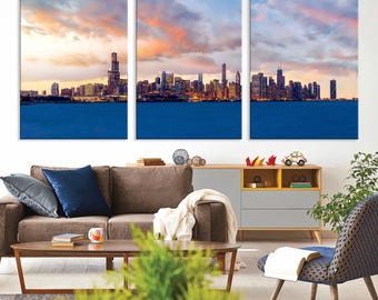 Chicago Skyline Lake Michigan Sunset Wall Art Canvas Print – Industrial Style Urban Decor