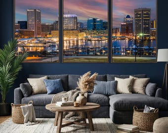 Baltimore Inner Harbor Wall Art for Home Decor - Baltimore City Lights Skyline Canvas Print