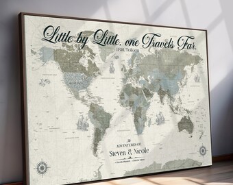Custom Push Pin World Map Canvas, Family Travel Tracker Art