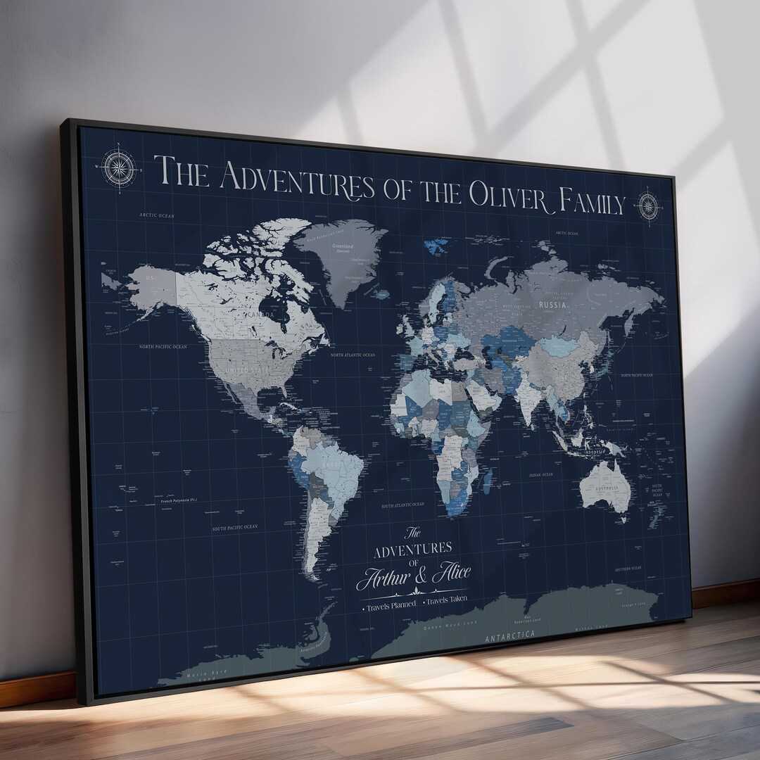 Custom Push Pin World Map Canvas, Dark Blue Travel Tracker - Etsy