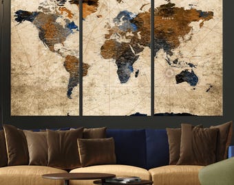 Vintage Push Pin World Map Canvas Print, Detailed Travel Tracker Map with Pins, Ready to Hang