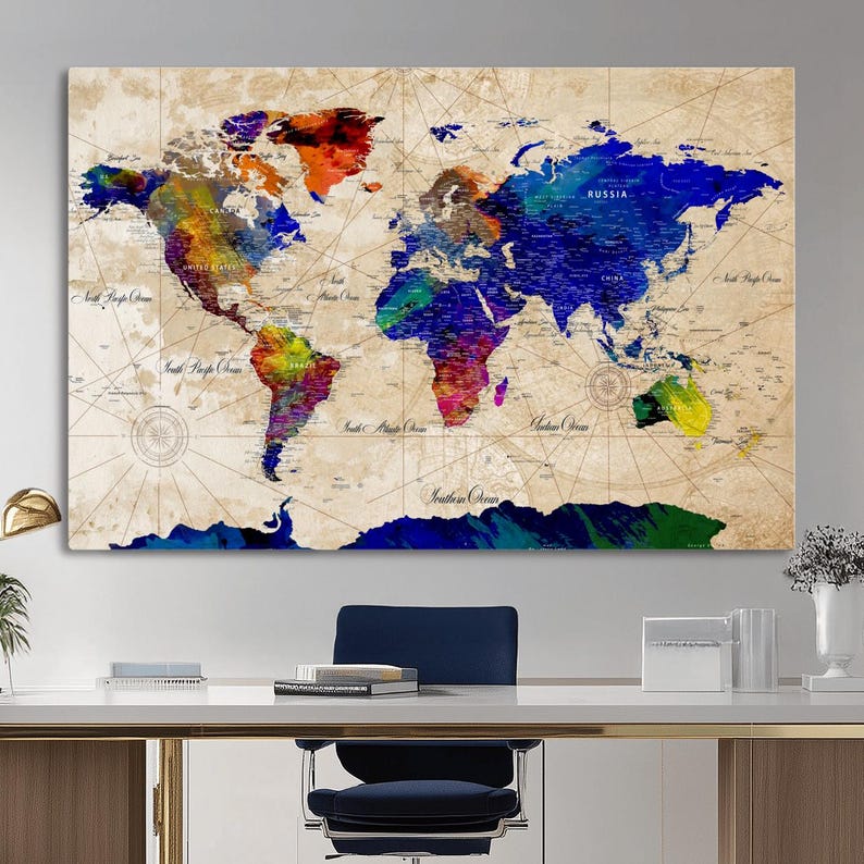 Canvas World Map Push Pin Wall Art, Modern Canvas Print, Extra Large ...