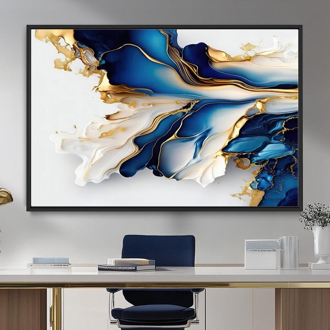 Gold Blue Abstract Canvas Wall Art, Modern Statement Artwork for Decor ...