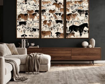 Western Farm Animals Canvas Print - Longhorn Cow and Horse Abstract Line Wall Art