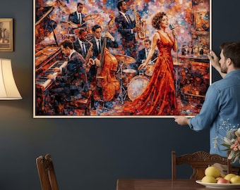 Jazz Singer in Red Dress, Mosaic Music Wall Art, Colorful Canvas Print