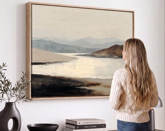 Misty Lake Landscape Canvas Print, Neutral Abstract Mountain Wall Art, Beige Earth Tone Decor